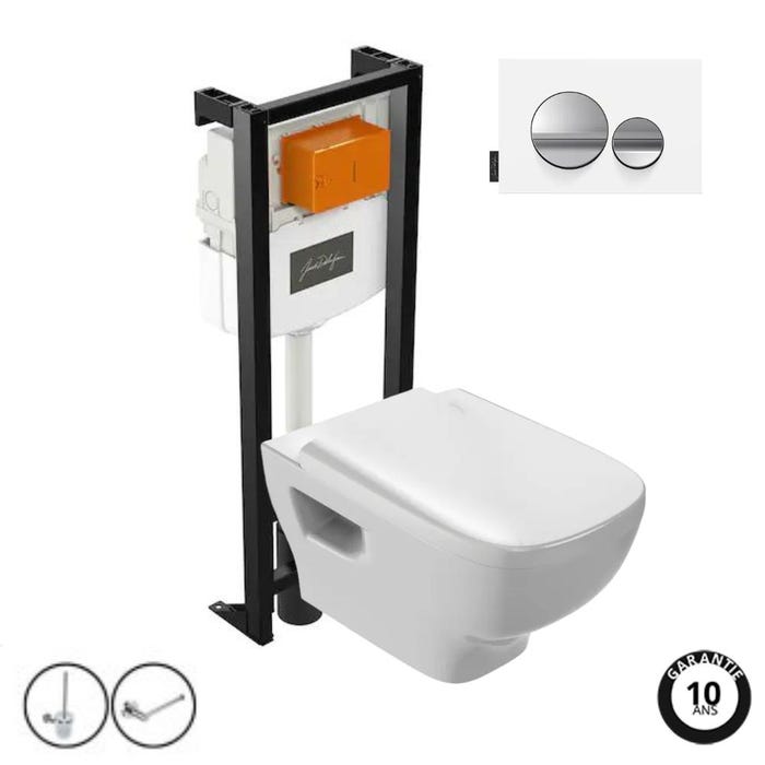 Pack WC suspendu sans bride JACOB DELAFON Struktura+ bâti-support + plaque Chrome brillant/Blanc mat + accessoires 0