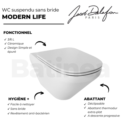 Pack WC suspendu sans bride JACOB DELAFON Modern Life + abattant + bâti-support + plaque rectangle chromé 3