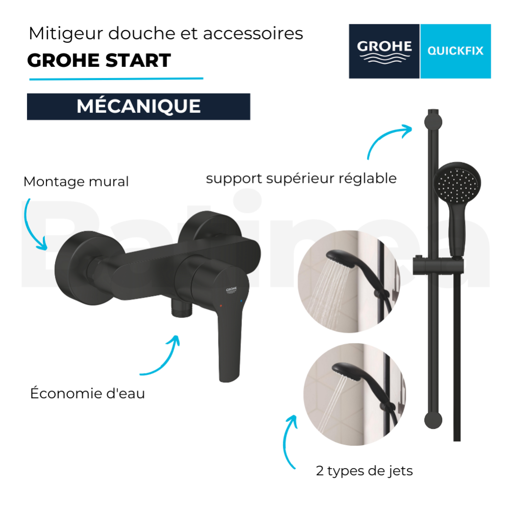 Pack mitigeur douche mécanique GROHE Start noir + ensemble de douche