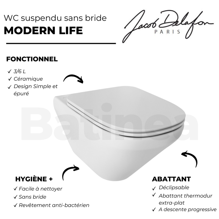 Pack WC suspendu sans bride JACOB DELAFON Modern Life + abattant + bâti-support + plaque ronde chromé 3