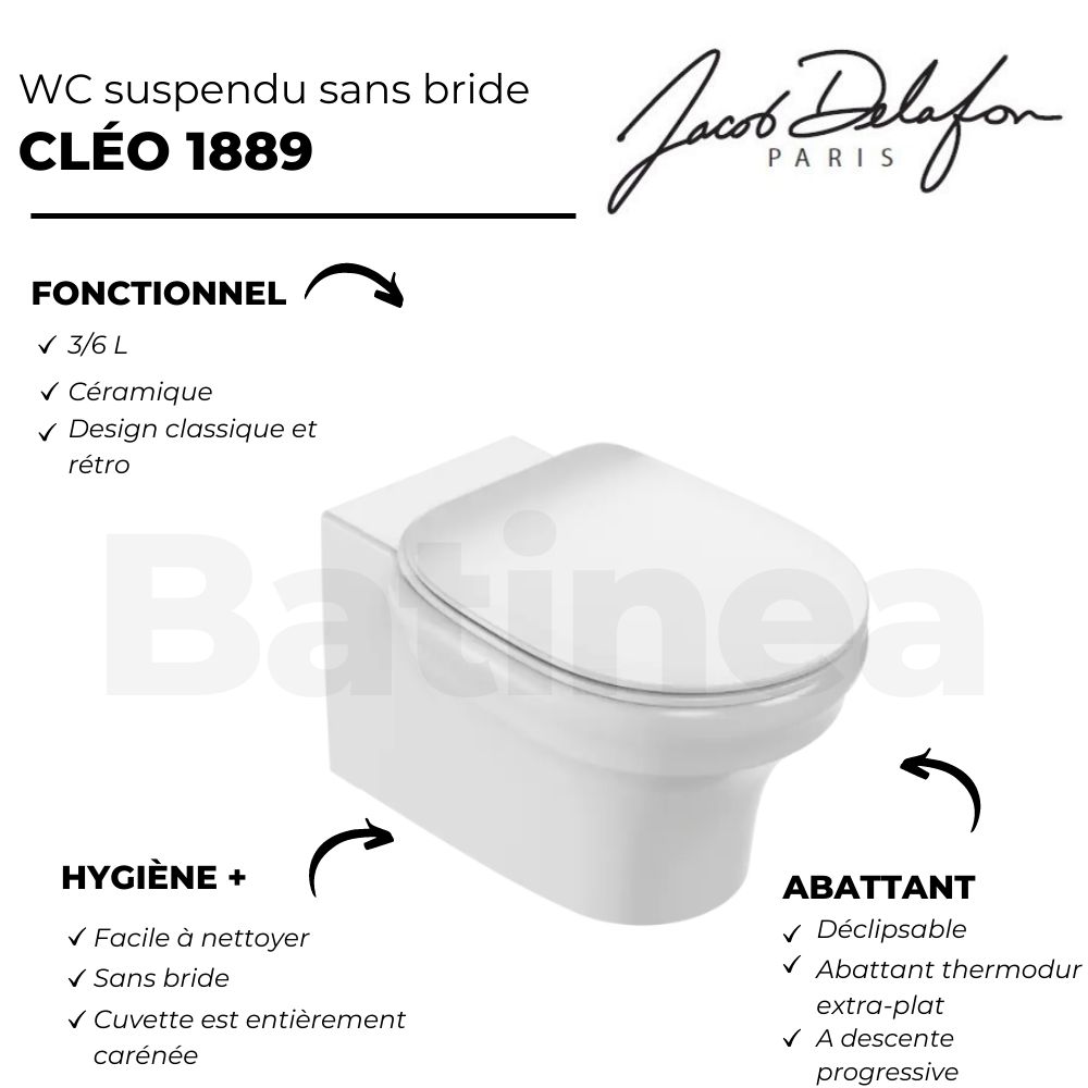 Pack WC suspendu sans bride à économie d'eau JACOB DELAFON Cléo 1889 + abattant + bâti-support + plaque ronde chromé 3