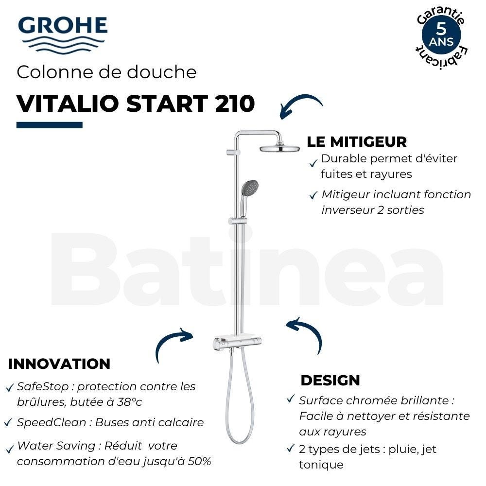 Colonne de douche thermostatique GROHE Vitalio Start 210 Quickfix + nettoyant Grohclean 2