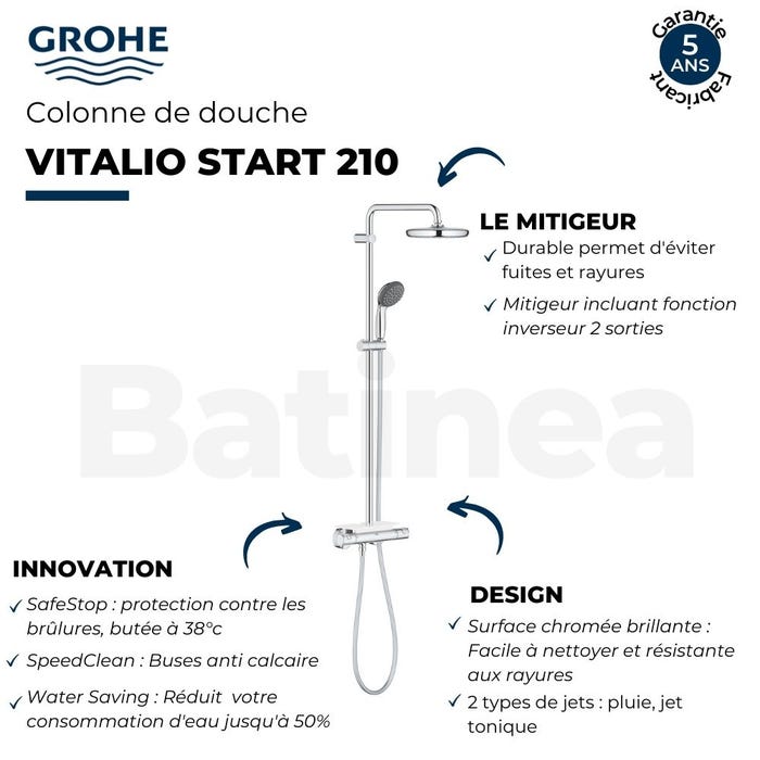 Colonne de douche thermostatique GROHE Vitalio Start 210 Quickfix + nettoyant Grohclean 2