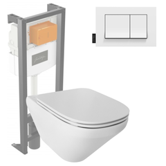 Pack WC suspendu sans bride JACOB DELAFON Modern Life + abattant + bâti-support + plaque rectangle blanche
