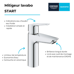 Mitigeur lavabo GROHE Quickfix Start 2021 avec vidage Push-Open taille M chromé + microfibre 2