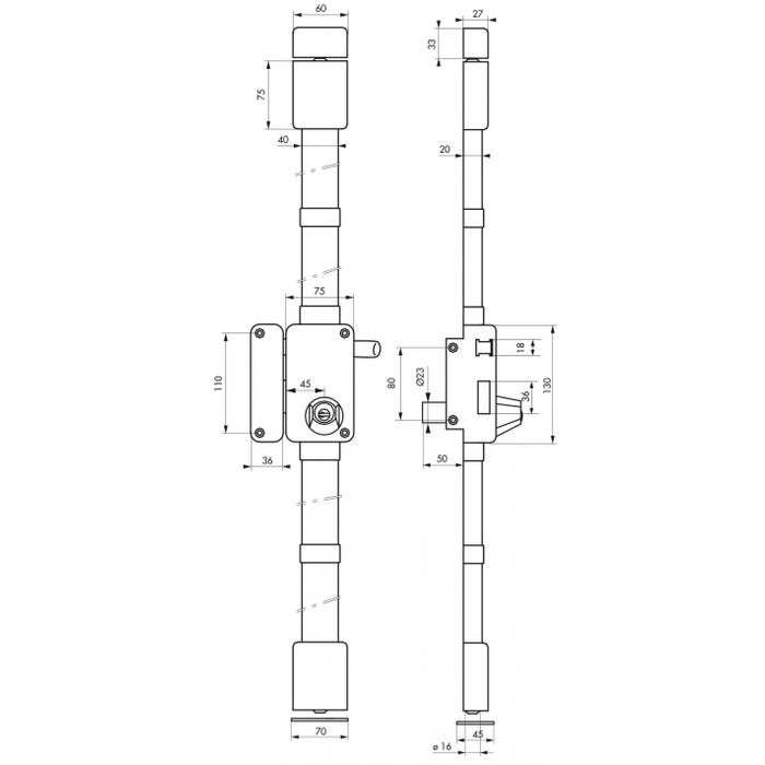 THIRARD - Serrure en applique Beluga à tirage pour porte d'entrée, gauche, 3 pts, cylindre HG5 Ø23mm, axe 45mm, marron, 4 clés 5