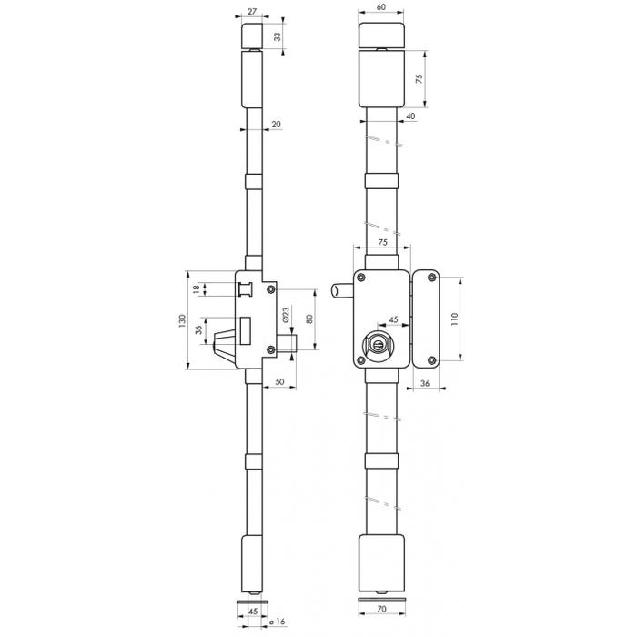 THIRARD - Serrure en applique Beluga à tirage pour porte d'entrée, droite, 3 pts, cylindre HG5 Ø23mm, axe 45mm, marron, 4 clés 5