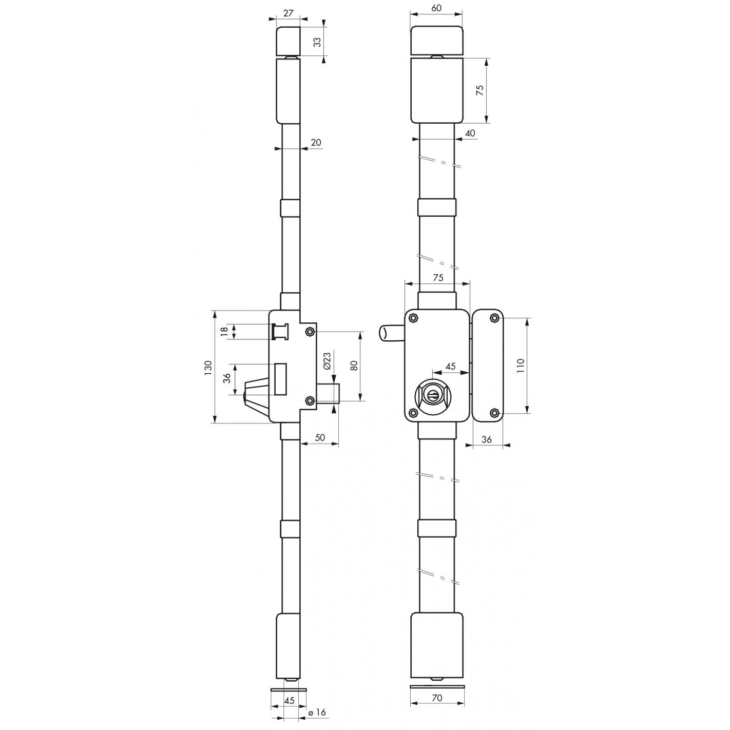 THIRARD - Serrure en applique Beluga à tirage pour porte d'entrée, droite, 3 pts, cylindre HG5 Ø23mm, axe 45mm, marron, 4 clés 1