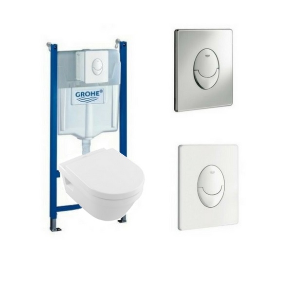 Villeroy & Boch Pack WC suspendu sans bride Architectura + abattant + plaque + bâti Grohe, plaque blanche
