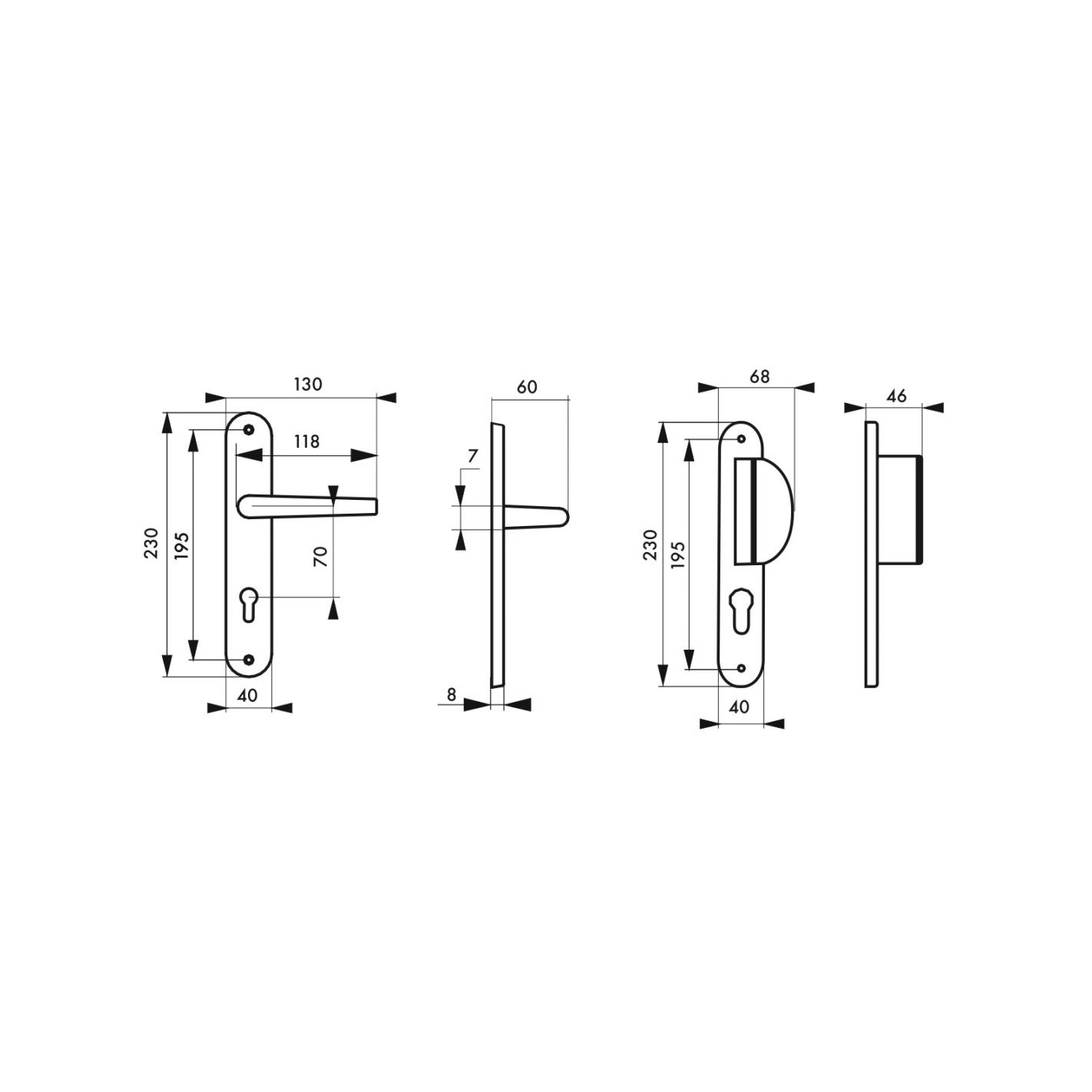 THIRARD - Ensemble de poignées pour porte d'entrée palière Crecy trou de cylindre, carré 7mm, entr'axes 195mm, anodisé argent 0