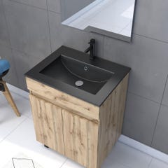Meuble salle de bain 60x80 - Finition chene naturel + vasque noire + miroir Led - TIMBER 60 - Pack19 1