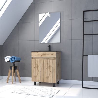 Meuble salle de bain 60x80 - Finition chene naturel + vasque noire + miroir Led - TIMBER 60 - Pack19 0