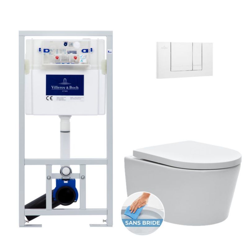 Villeroy & Boch Pack WC Bâti-support + WC Swiss Aqua Technologies sans bride et fixations invisibles + Plaque blanche (ViConnectSATrimless-2)