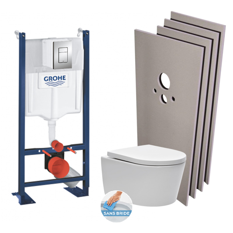 Grohe Pack WC bâti autoportant + WC Swiss Aqua Technologies sans bride + Plaque chrome + Set habillage (ProjectSATrimless-1-sabo)