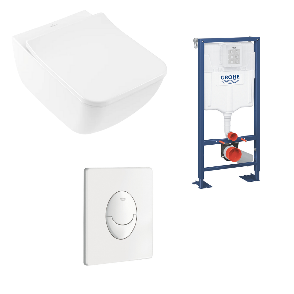 Villeroy & Boch Pack WC suspendu sans bride Venticello + abattant + plaque blanche + bâti Grohe