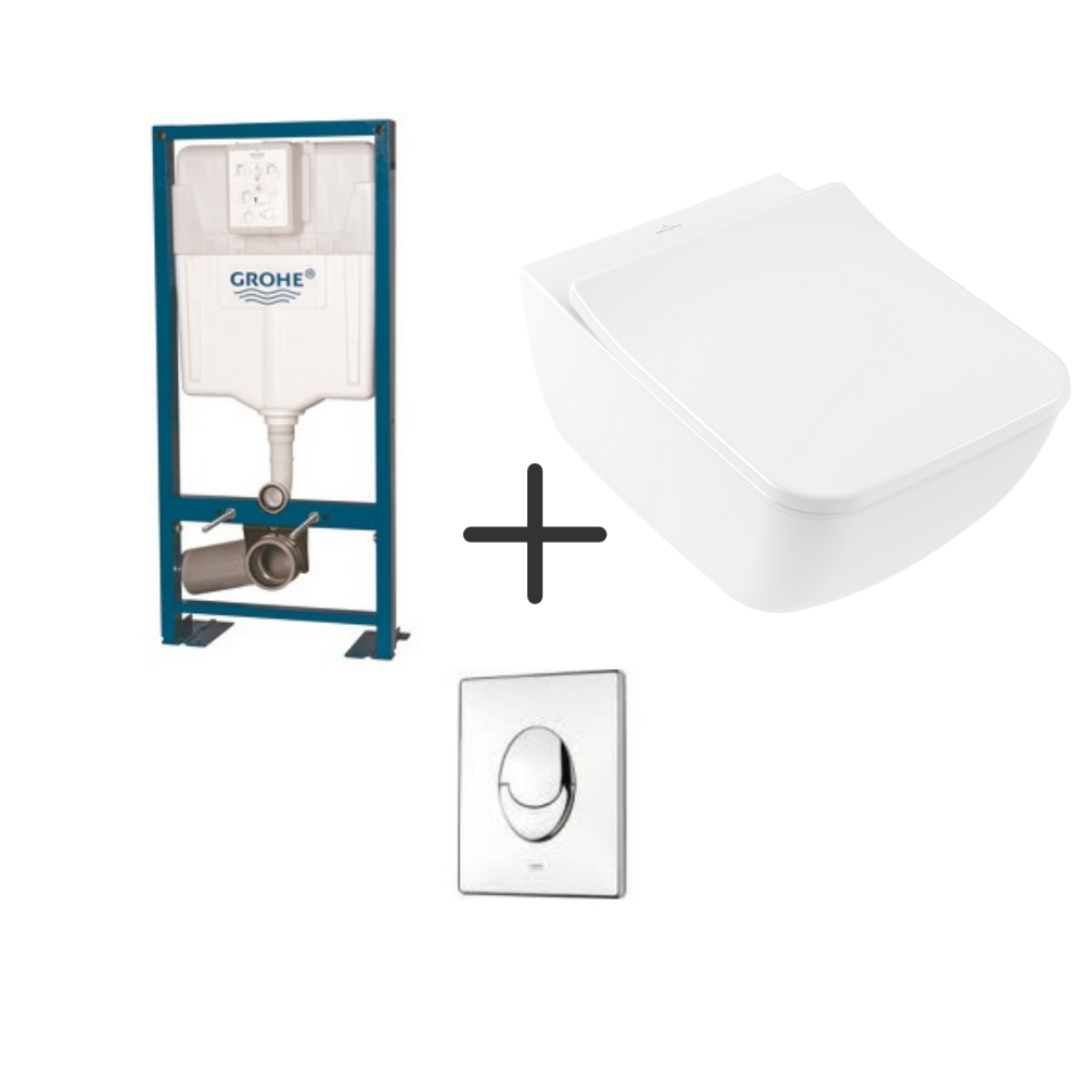 Villeroy & Boch Pack WC suspendu sans bride Venticello + abattant + plaque chromée + bâti Grohe