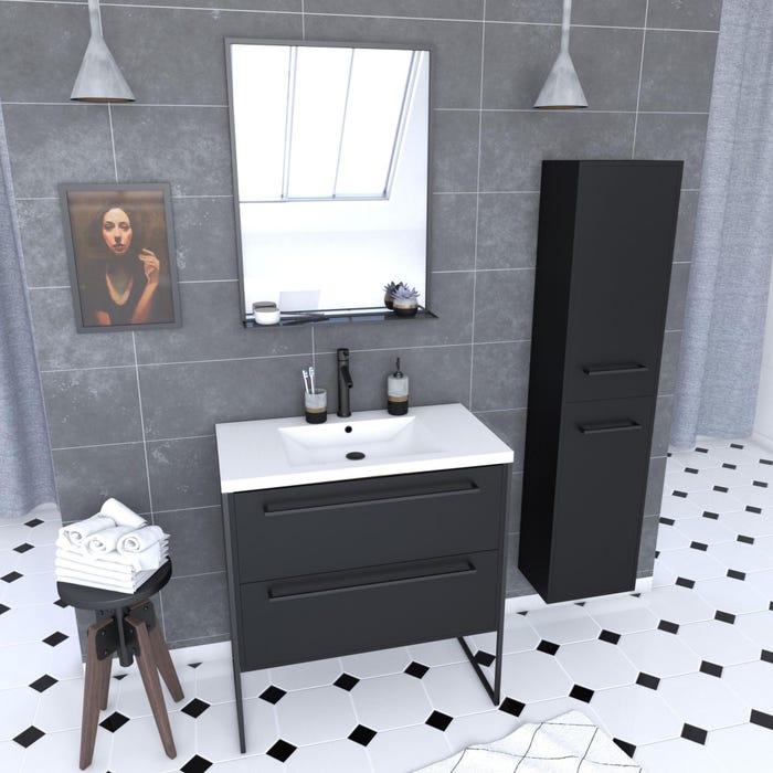 Pack meuble de salle de bain 80x50 cm Noir - 2 tiroirs - vasque blanche - miroir - colonne suspendu 0