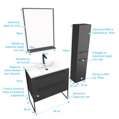 Pack meuble de salle de bain 80x50 cm Noir - 2 tiroirs - vasque blanche - miroir - colonne suspendu 3