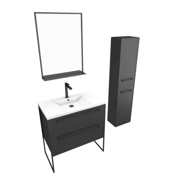 Pack meuble de salle de bain 80x50 cm Noir - 2 tiroirs - vasque blanche - miroir - colonne suspendu 2