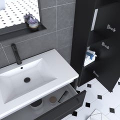 Pack meuble de salle de bain 80x50 cm Noir - 2 tiroirs - vasque blanche - miroir - colonne suspendu 1