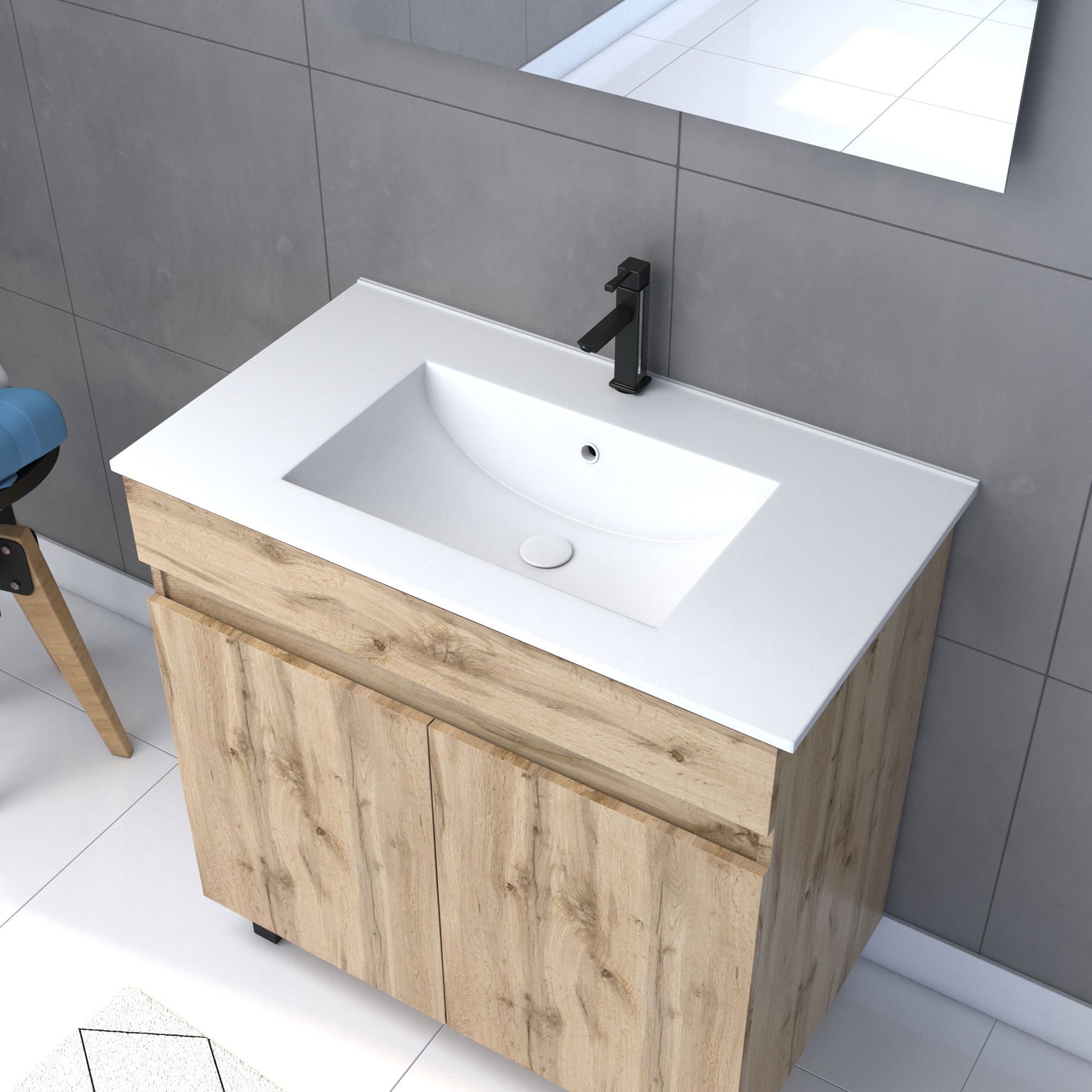 Meuble salle de bain 80x80 -Finition chene naturel + vasque blanche + miroir Led- TIMBER 80 - Pack26 1