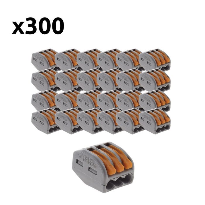 Lot de 300 bornes automatiques à cliquet S222 - 3 entrées - fils rigides et souples 4mm² max - Orange - Wago 0