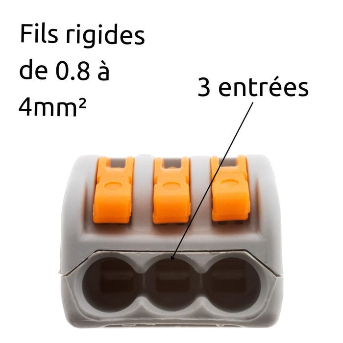 Lot de 300 bornes automatiques à cliquet S222 - 3 entrées - fils rigides et souples 4mm² max - Orange - Wago 1