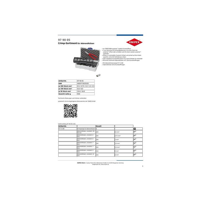 Knipex KNIPEX 97 90 05 Pince à sertir pour embouts de câble 0.25 à 16 mm² MINI-Systainer TANOS inclus, assortiment 3