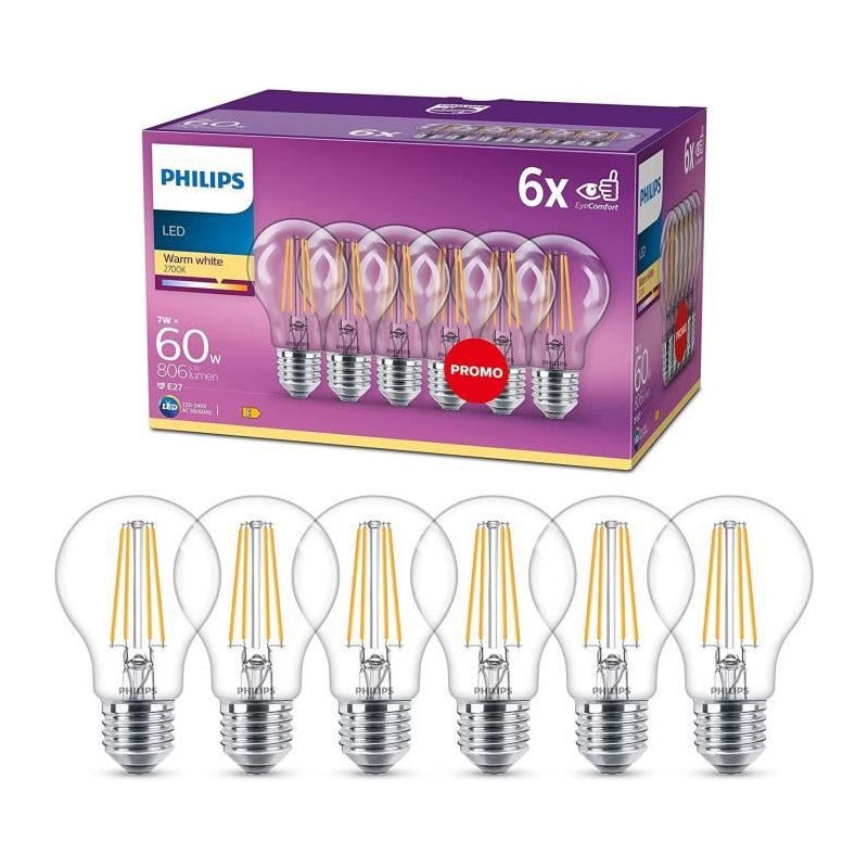 Philips, pack de 6 ampoules E27 LED transparentes 60W, blanc chaud 0