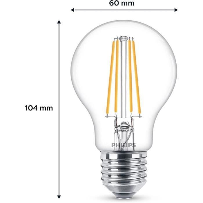 Philips, pack de 6 ampoules E27 LED transparentes 60W, blanc chaud 5