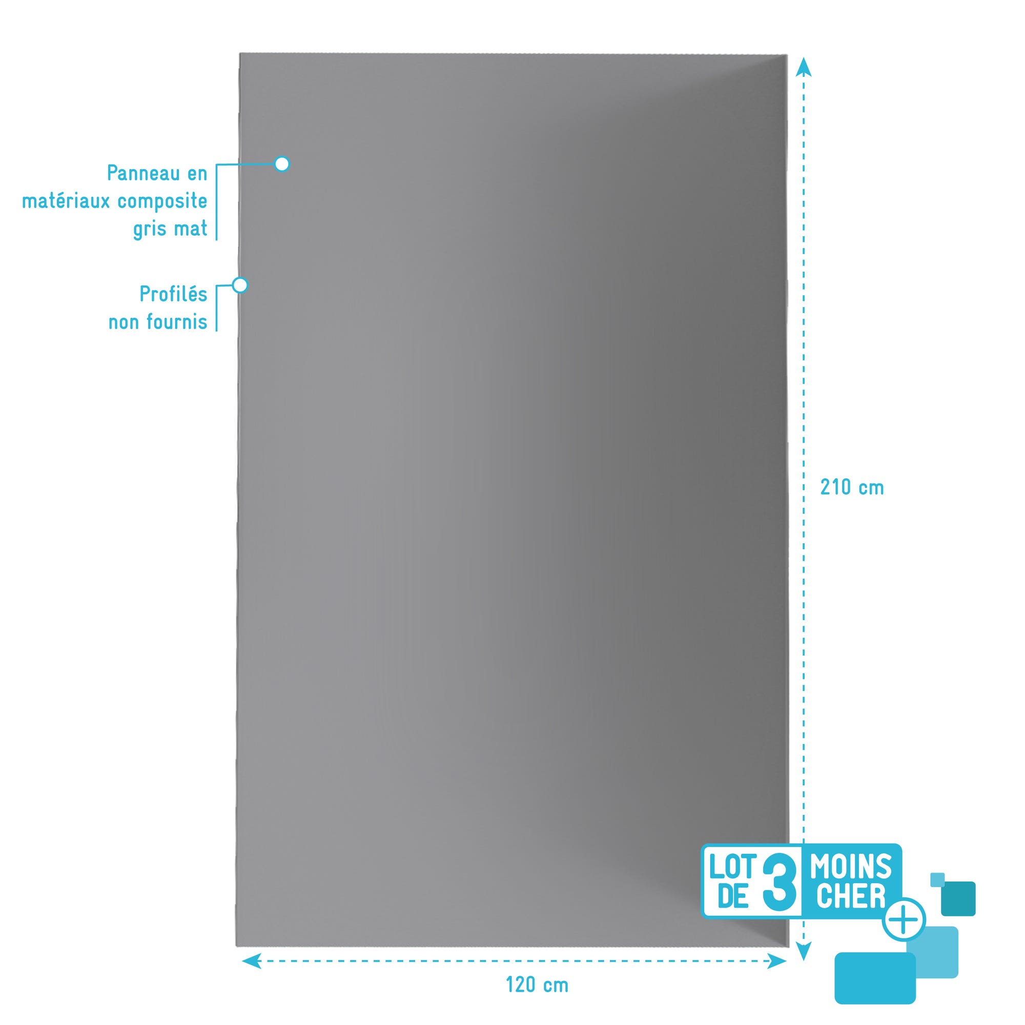 LOT de 3 Panneaux Muraux pour salle de bains en Aluminium Gris - 120x210cm - WALL'IT 3