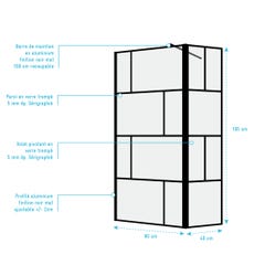 Paroi de douche avec pivot 80+40x195cm - Sérigraphie type briques et Profilés Noir - DARK BLOCKS 3