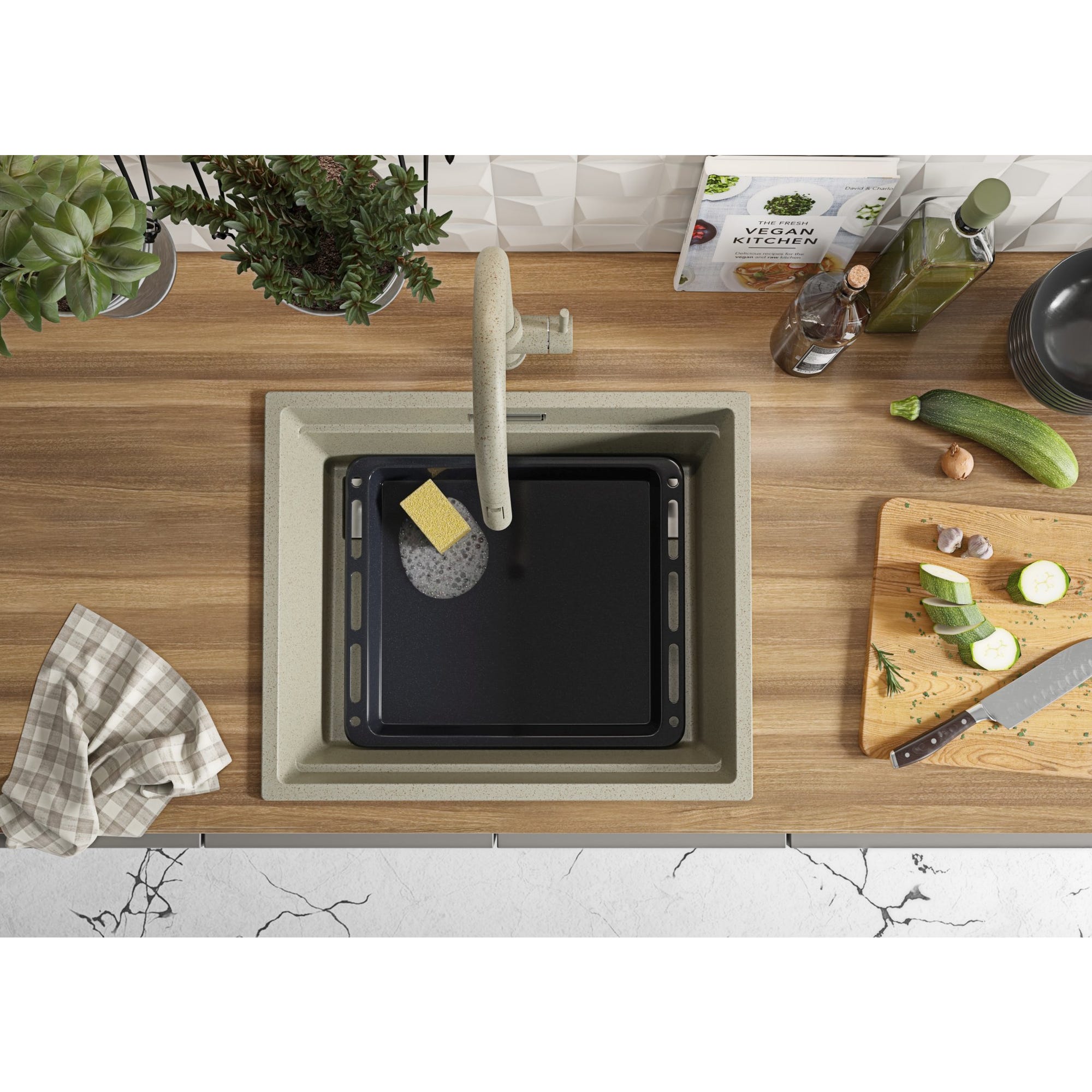 Évier Cusine en Granit Beige 56x47 cm, Lavabo Cuisine 1 Bac + Kit de Vidage, Évier au meuble 60cm, Évier à Encastrer de Primagran 7