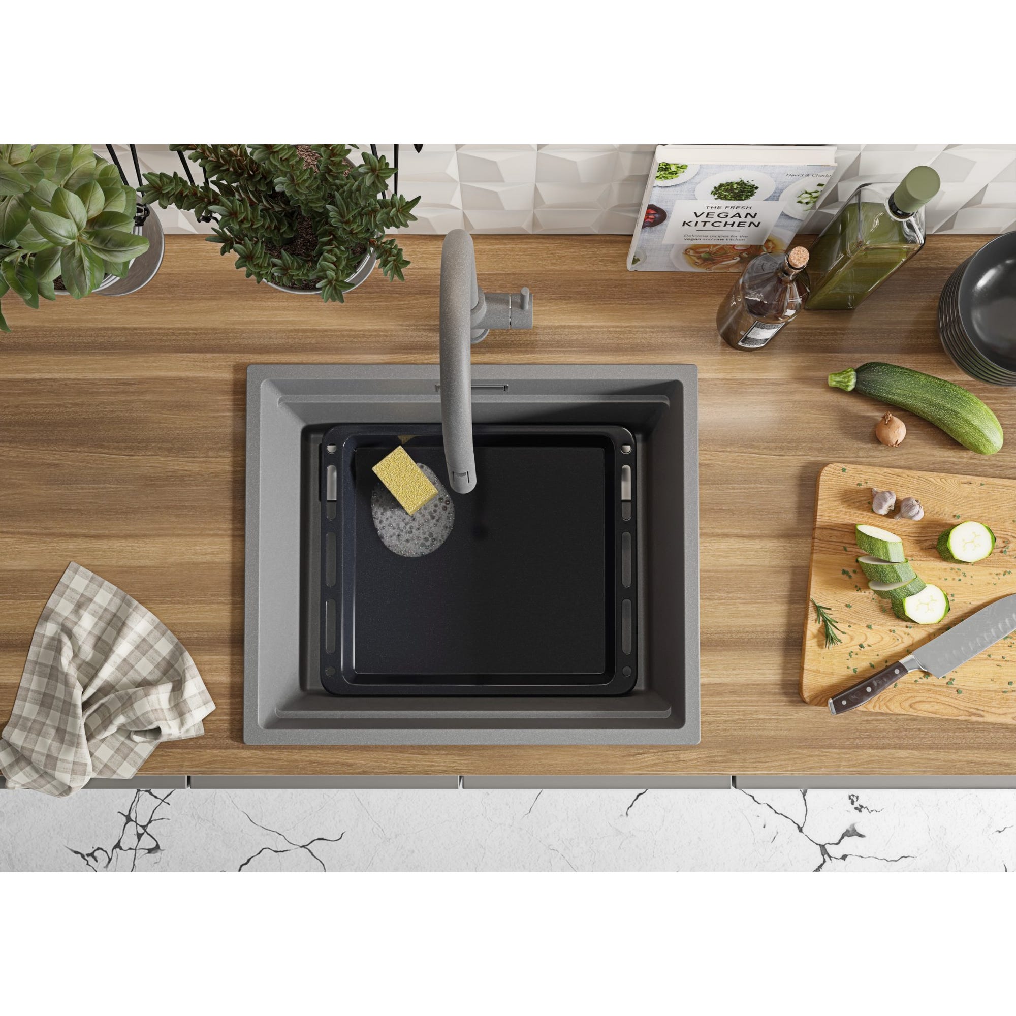 Évier Cusine en Granit Gris 56x47 cm, Lavabo Cuisine 1 Bac + Kit de Vidage, Évier au meuble 60cm, Évier à Encastrer de Primagran 7