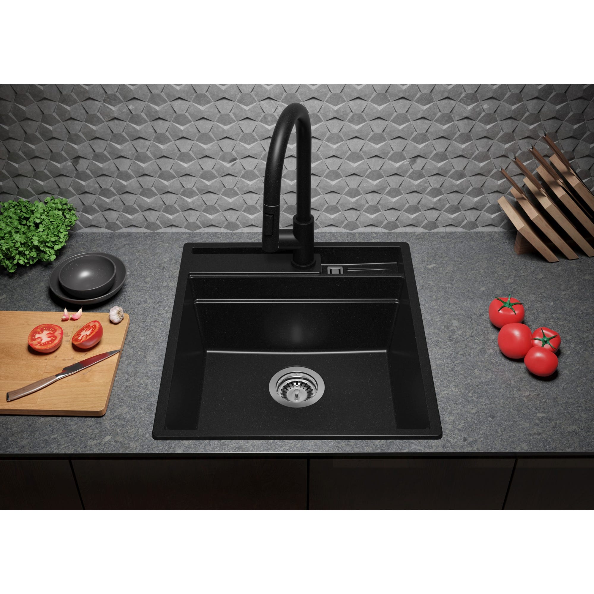 Évier Cusine en Granit Noir 48x53 cm, Lavabo Cuisine 1 Bac + Kit de Vidage, Évier au meuble 50cm, Évier à Encastrer de Primagran 7