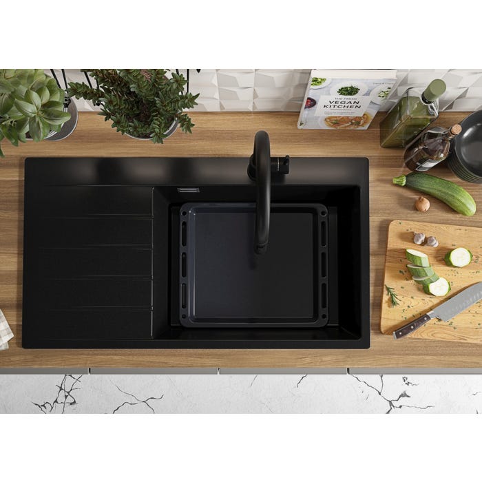 Évier Cusine en Granit Noir 90x50 cm, Lavabo Cuisine 1 Bac + Kit de Vidage, Évier au meuble 60cm, Évier à Encastrer de Primagran 3