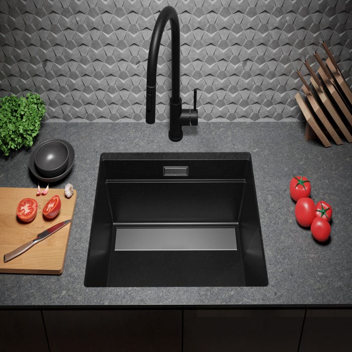 Évier Sous-Plan en Granit Noir 56x47 cm, Lavabo Cuisine 1 Bac + Kit de Vidage, Évier au meuble 60cm, Évier de Primagran 3