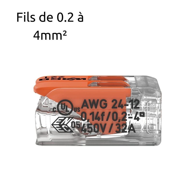 Borne de raccordement S221 COMPACT - Connexion rapide - 2 conducteurs avec leviers 4mm² - Orange - Wago 2