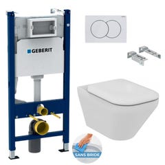 Geberit Pack WC Bâti Duofix + WC sans bride Ideal Standard Tonic II, Finition IdealPlus + Abattant softclose + Plaque blanche