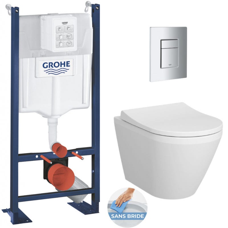 Grohe Pack WC Bâti Autoportant Rapid SL + WC sans bride Integra + Abattant softclose + Plaque chrome mat (ProjectIntegraRimless-5) 0