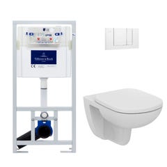 Villeroy & Boch Pack WC bâti-support + Okyris WC suspendu sans bride + Abattant + Plaque blanche (ViConnectOkyris-2)