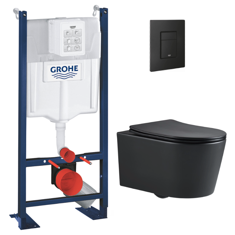 Grohe Pack WC Bâti-support Rapid SL + WC SAT sans bride noir mat + Abattant softclose + Plaque noire mat 0