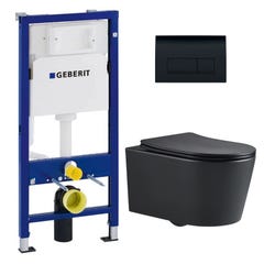 Geberit Pack WC Bâti-support Rapid SL + WC SAT sans bride noir mat + Abattant softclose + Plaque noire