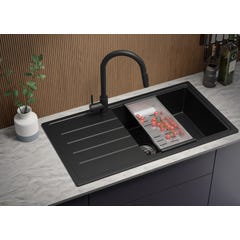 Evier Cuisine en Granit Noir Metallic, 90 x 50 cm, Evier Multifonction 1 bac + Equipee Complete, Évier à Encastrer de Primagran 1