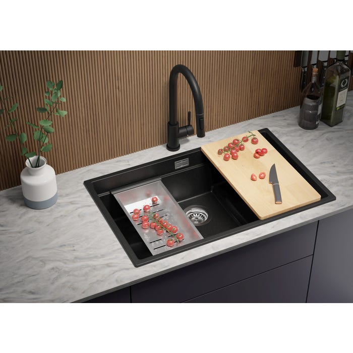 Evier Multifonction Noir en Granit, 76 x 47 cm, Evier 1 bac + Kit de Vidange + Accessoires, Évier à Encastrer de Primagran 3