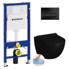 Pack WC Bati-support Geberit Duofix + WC sans bride Vitra SENTO noir mat + Abattant frein de chute + Plaque noire mat 0