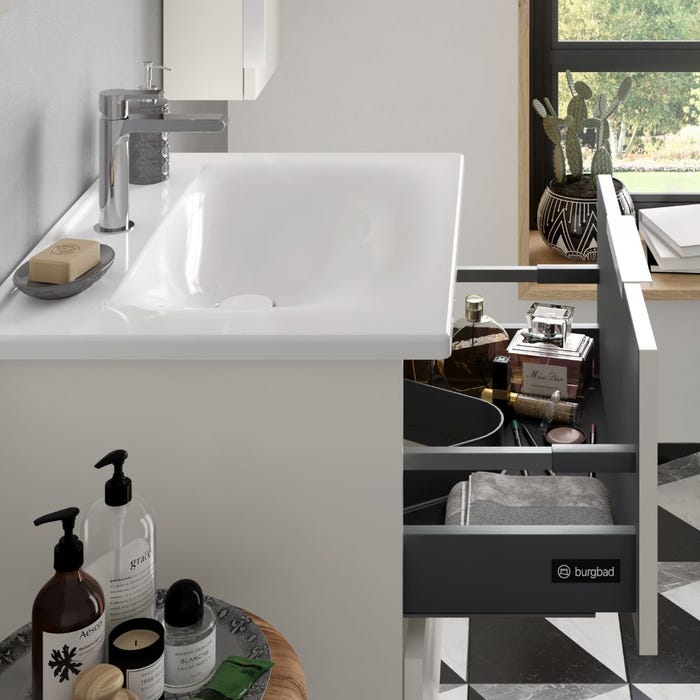 Meuble salle de bain simple vasque BURGBAD Olena 120 cm blanc brillant + colonne de salle de bain 1