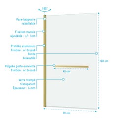 Pare-baignoire Rabattable avec porte-serviette 70x120 cm - Profilé Or Brossé - Verre 4 mm 3