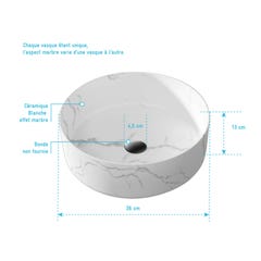 Vasque à poser Ronde en Céramique Blanche Mat Effet Marbre - Ø36cm x 13cm - WHITE MARBLE 3