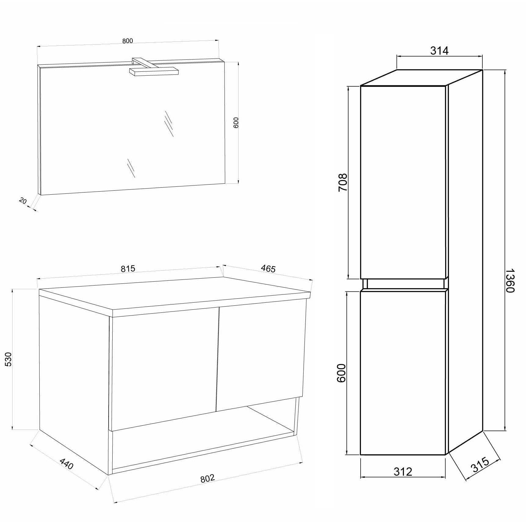 OSLO Meuble 2 portes pour vasque à poser Chêne fumé & plan gris béton largeur 80 cm + miroir + colonne 4